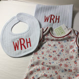 MONOGRAM BLUE KNIT BIB & BURP CLOTH SET