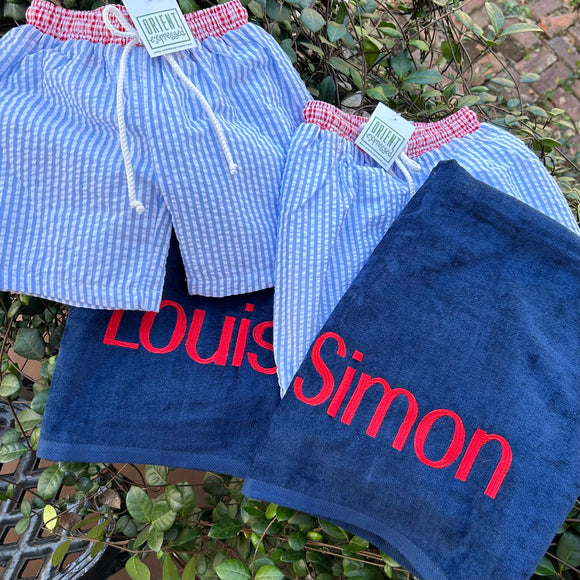 SWIM TRUNKS BLUE/RED SEERSUCKER