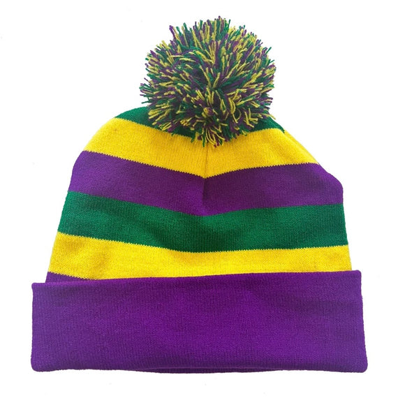 MARDI GRAS STRIPE POM POM CAP