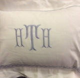 MONOGRAM PILLOW WITH BLUE MADEIRA CHAIN FLANGE