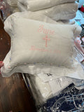 MONOGRAM LINEN WHITE HEMSTITCH PILLOW WITH FLORAL TRIM FLANGE