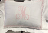 MONOGRAM PILLOW WITH PINK MADEIRA CHAIN FLANGE