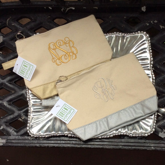 MONOGRAM METALLIC CANVAS MAKEUP BAG or POUCH