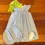 SMOCKED BLUE GINGHAM BISHOP DRESS