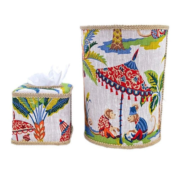 2 PC SET MONKEYS PRINT WASTE BASKET & TISSUE BOX