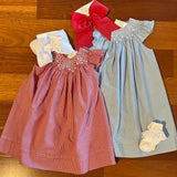 SMOCKED BLUE GINGHAM BISHOP DRESS