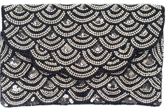 BEADED SCALLOP SILVER AND BLACK CLUTCH