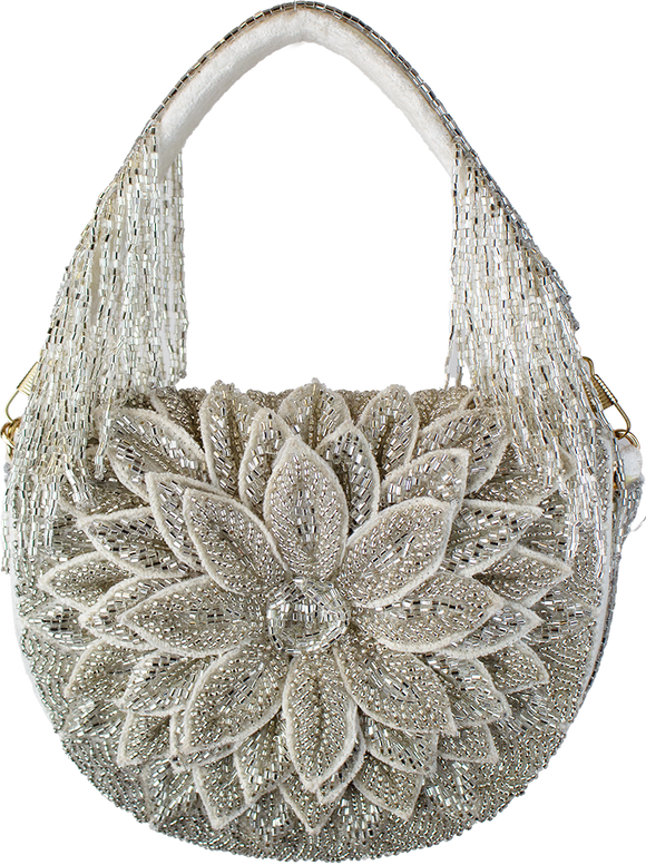 BEADED SILVER DAHLIA HANGBAG