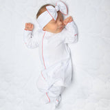 MONOGRAM LAYETTE FOOTIE RED PICOT TRIM