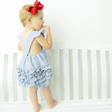MONOGRAM NAVY RUFFLE SEERSUCKER BUBBLE or SUNSUIT