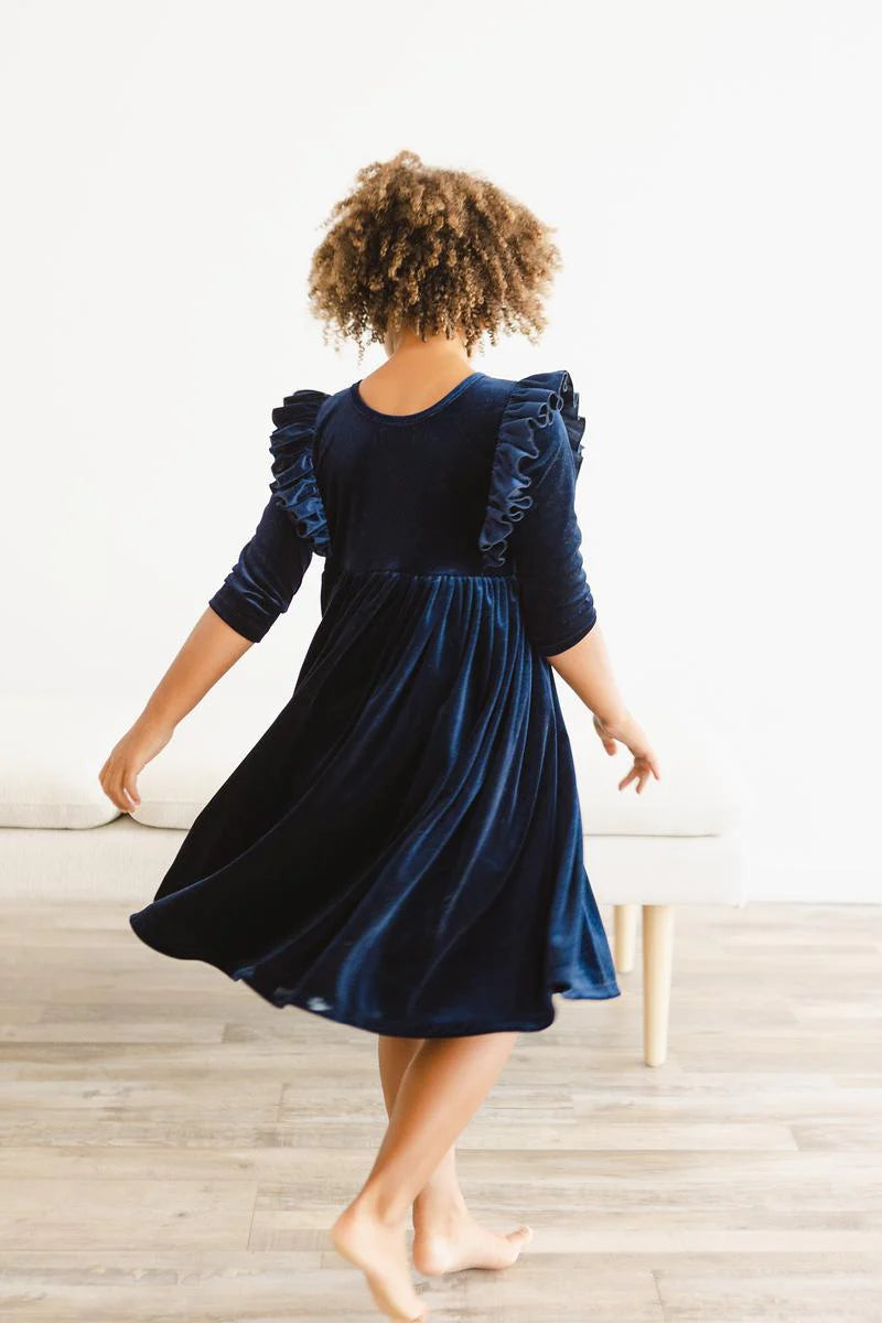blue dress for baby girl NAVY VELVET RUFFLE DRESS – Orient Expressed