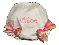 EMBROIDERED MONOGRAM EYELET DIAPER COVER NAME WITH PINK STRIPE BOW
