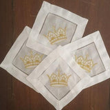 EMBROIDERED GOLD CROWN COCKTAIL NAPKINS S/4