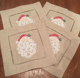 EMBROIDERED CHRISTMAS COCKTAIL NAPKINS BEAUTIFUL SANTA NATURAL