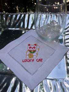 HAPPY CAT EMBROIDERED LINEN COCKTAIL NAPKINS S/4