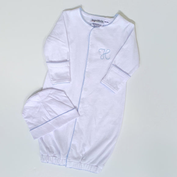 MONOGRAM LAYETTE SNAP FRONT GOWN WHITE PICOT TRIM