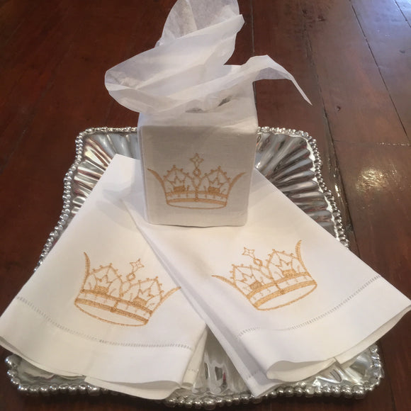 EMBROIDERED GOLD CROWN LINEN TISSUE BOX COVER