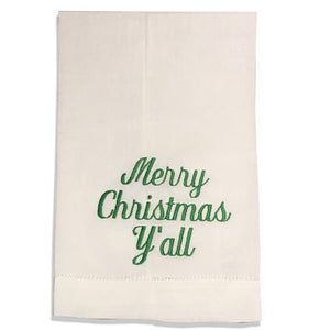 EMBROIDERED LINEN GUEST TOWEL MERRY CHRISTMAS Y'ALL GREEN