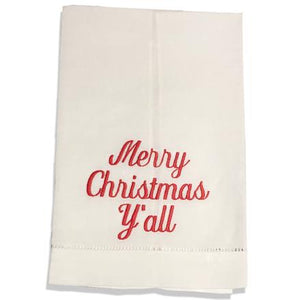 EMBROIDERED LINEN GUEST TOWEL MERRY CHRISTMAS Y'ALL RED