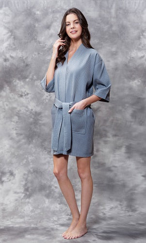 MONOGRAM WAFFLE KIMONO GREY ROBE