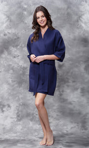 MONOGRAM WAFFLE KIMONO NAVY BLUE ROBE