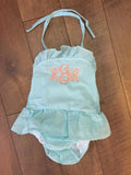 MONOGRAM 1PC SWIM SUIT AQUA SEERSUCKER AQUA