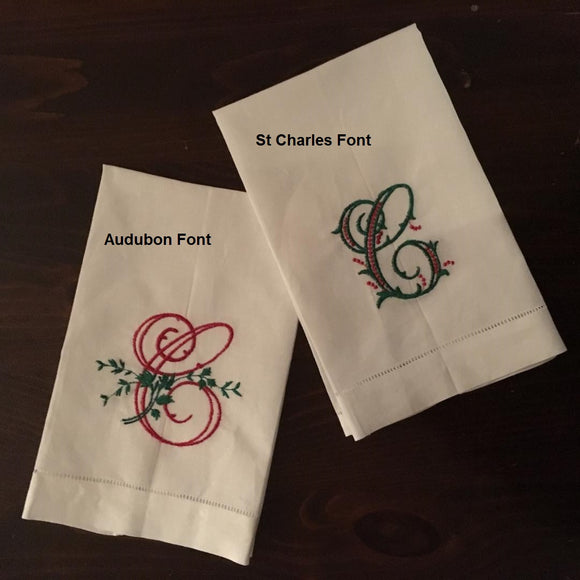 MONOGRAM CHRISTMAS LINEN GUEST OR HAND TOWEL WITH HEMSTITCH BORDER