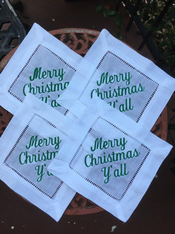 EMBROIDERED COCKTAIL NAPKINS MERRY CHRISTMAS Y'ALL GREEN
