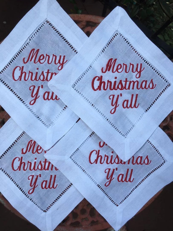 EMBROIDERED COCKTAIL NAPKINS MERRY CHRISTMAS Y'ALL RED