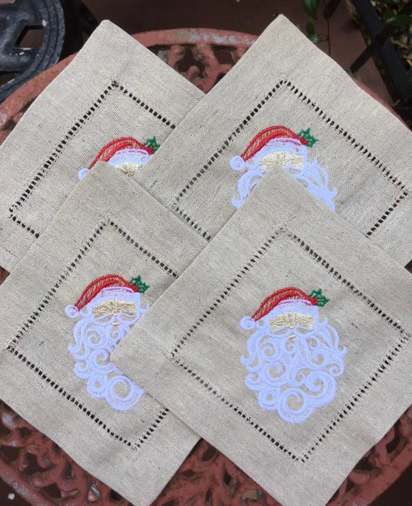 EMBROIDERED CHRISTMAS COCKTAIL NAPKINS BEAUTIFUL SANTA NATURAL