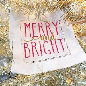 EMBROIDERED CHRISTMAS COCKTAIL NAPKINS MERRY and BRIGHT