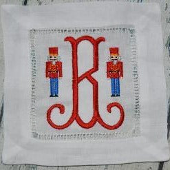 EMBROIDERED CHRISTMAS COCKTAIL NAPKINS TOULOUSE FONT INITIAL with NUTCRACKERS