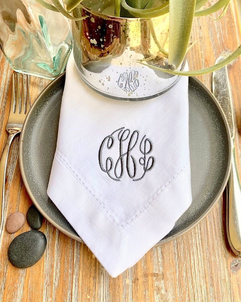 Buy White No Iron White Linen Look Monogrammed Hemstitched Napkins,  Monogrammed White No Iron Cloth Napkin, Monogrammed White Wedding Napkin  Online in India 