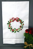 EMBROIDERED CHRISTMAS LINEN HAND or GUEST TOWEL WREATH