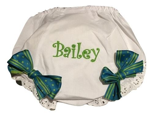 EMBROIDERED MONOGRAM EYELET DIAPER COVER NAME WITH GREEN STRIPE BOW