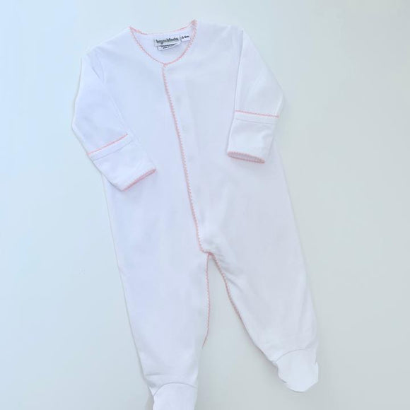 MONOGRAM LAYETTE FOOTIE WITH PINK PICOT TRIM