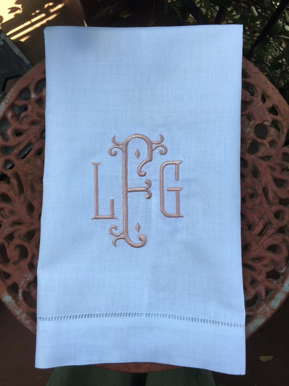 MONOGRAM LINEN GUEST OR HAND TOWEL WITH HEMSTITCH BORDER