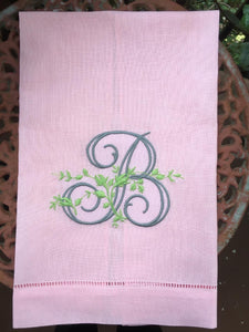 MONOGRAM LINEN GUEST OR HAND TOWEL WITH HEMSTITCH BORDER COLORS