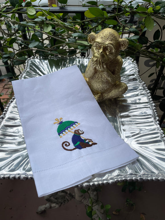 EMBROIDERED MONKEY LINEN HAND TOWEL NAVY&GREEN