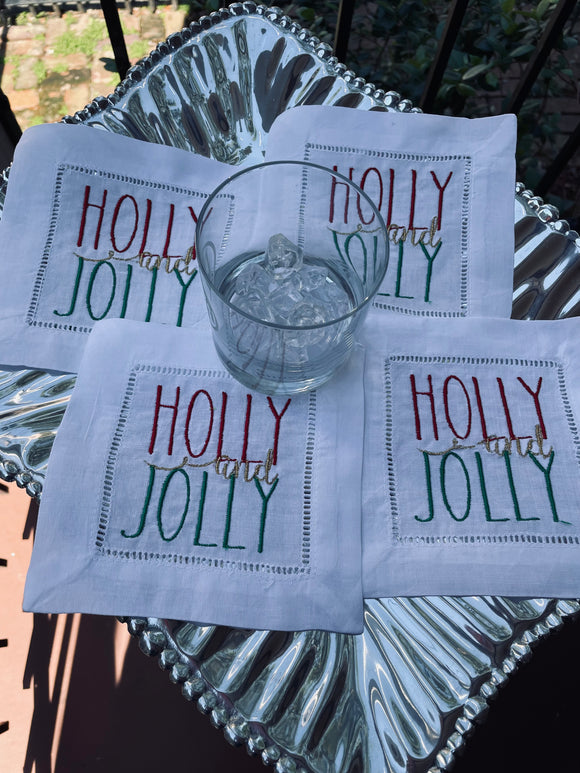 EMBROIDERED CHRISTMAS HOLLY AND JOLLY COCKTAIL NAPKINS