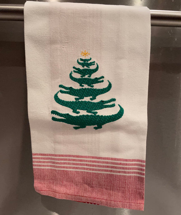 EMBROIDERED ALLIGATOR TREE CHRISTMAS KITCHEN TOWEL