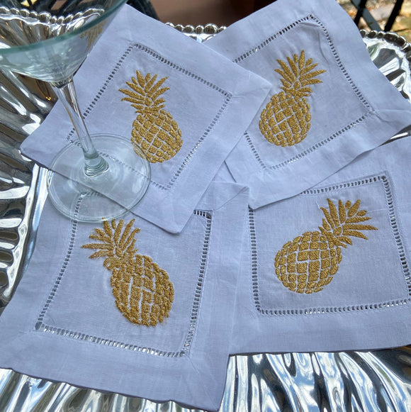 EMBROIDERED PINEAPPLE COCKTAIL NAPKINS S/4