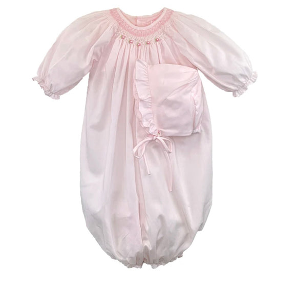 SMOCKED PINK BISHOP GOWN AND BONNET