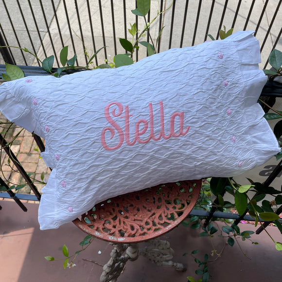 MONOGRAM PILLOW PINK ROSETTES SMOCKED and TUCKED