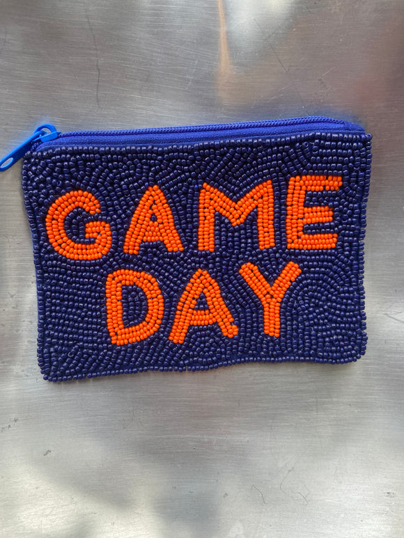 BLUE AND ORANGE BEADED GAME DAY POUCH