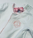 MONOGRAM LAYETTE FOOTIE WITH PINK PICOT TRIM