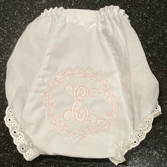 EMBROIDERED WREATH MONOGRAM VINES INITIALS EYELET DIAPER COVER