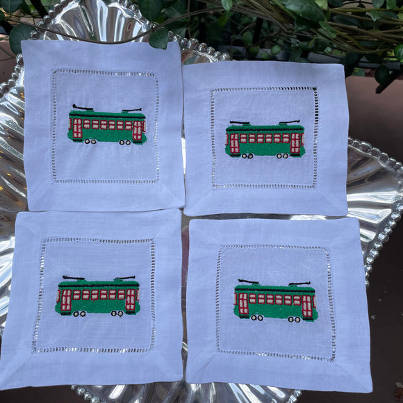 EMBROIDERED STREETCAR LINEN COCKTAIL NAPKINS S/4