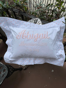 MONOGRAM PILLOW EMBROIDERED FLANGE PINK DOTS WITH INSERT