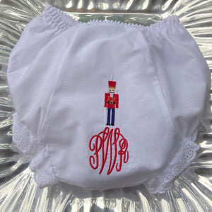 EMBROIDERED NUTCRACKER & MONOGRAM HOLLY EYELET DIAPER COVER OR PANTY